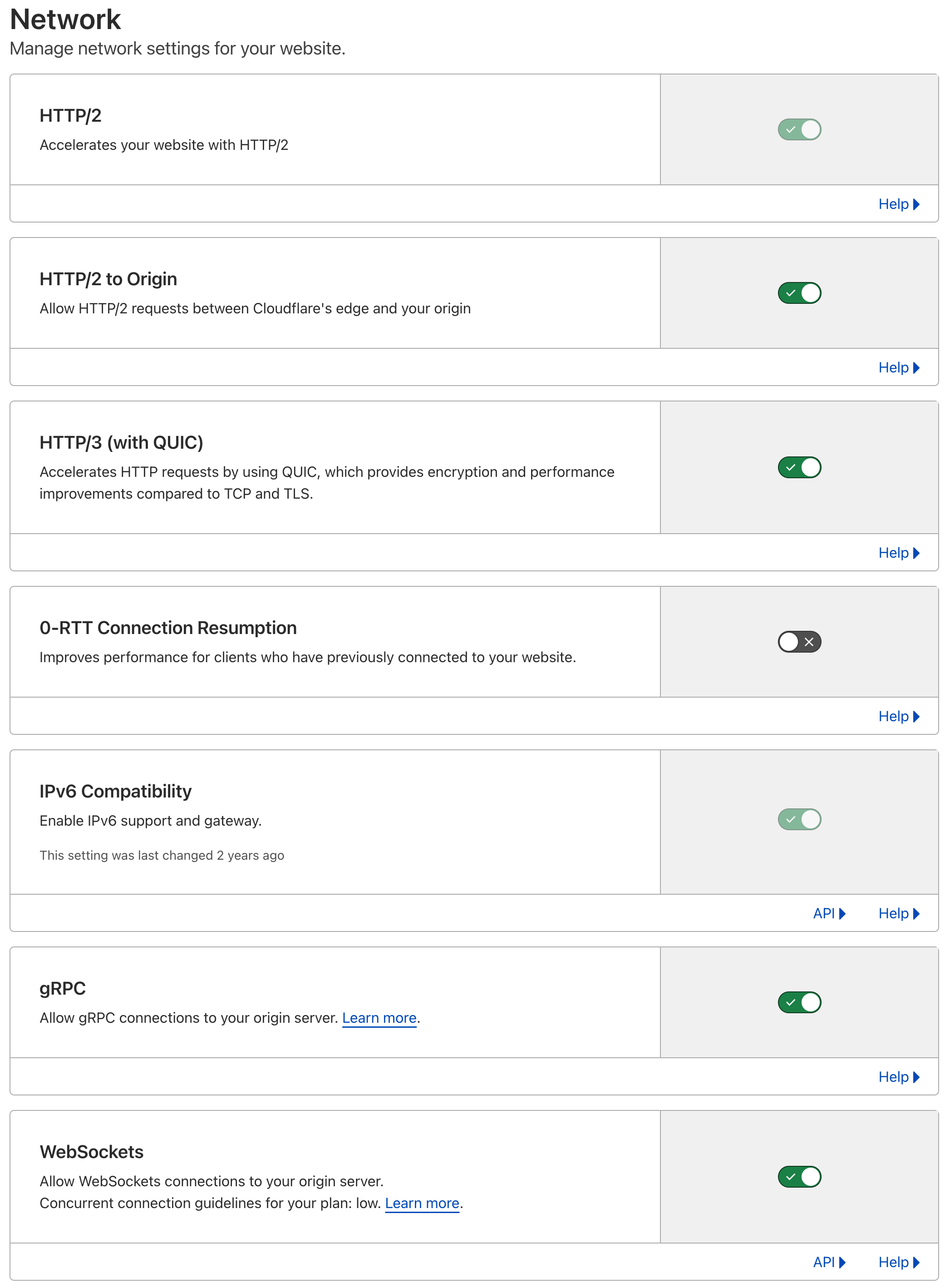 Cloudflare dashboard network options