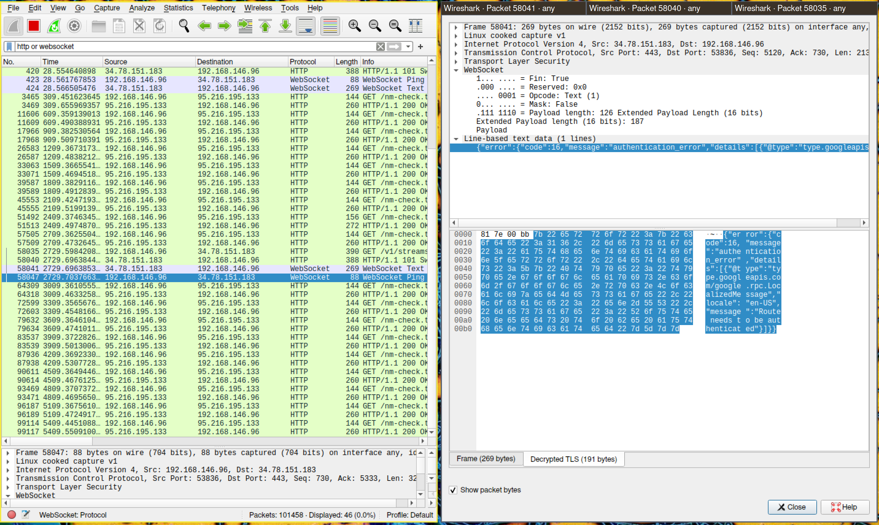 Screenshot of wireshark successfully showing decrypted traffic on the host