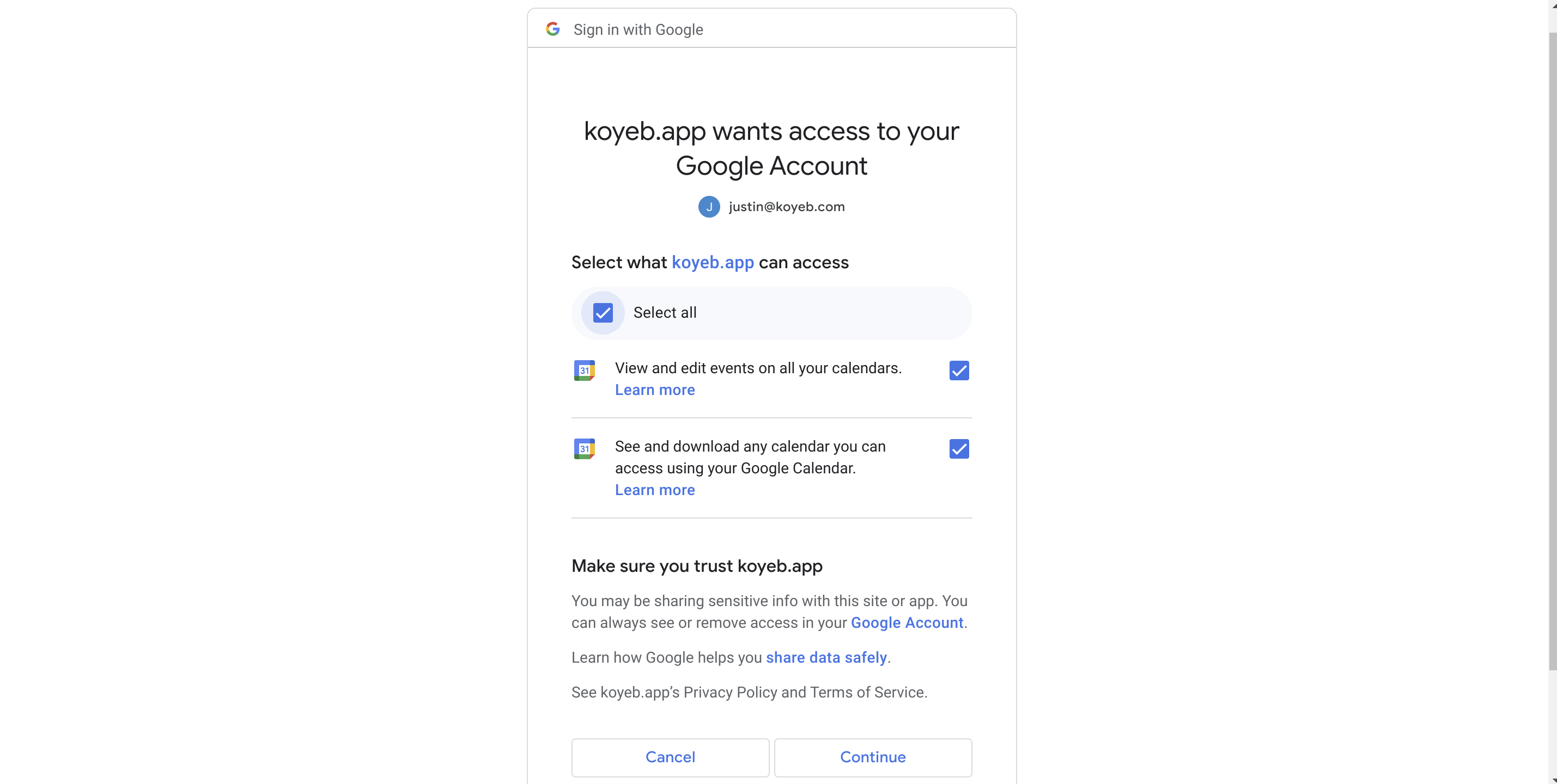 Google permissions selection