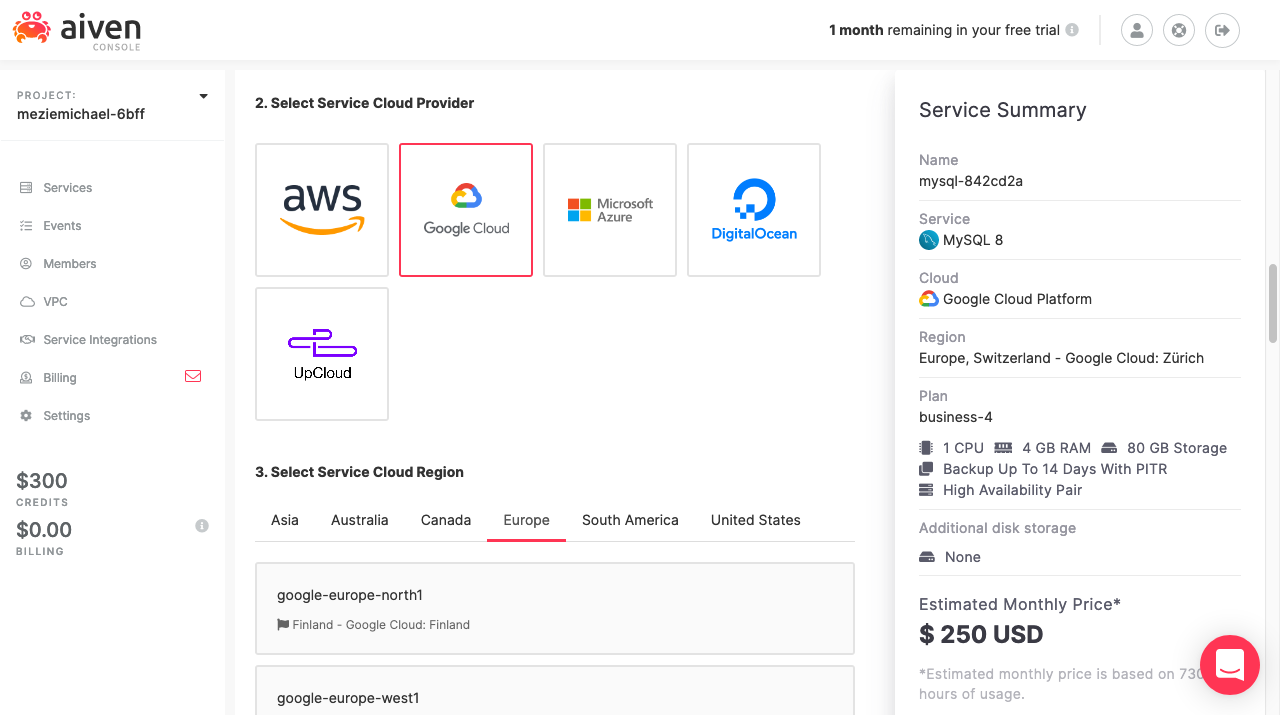 Select Aiven cloud service provider