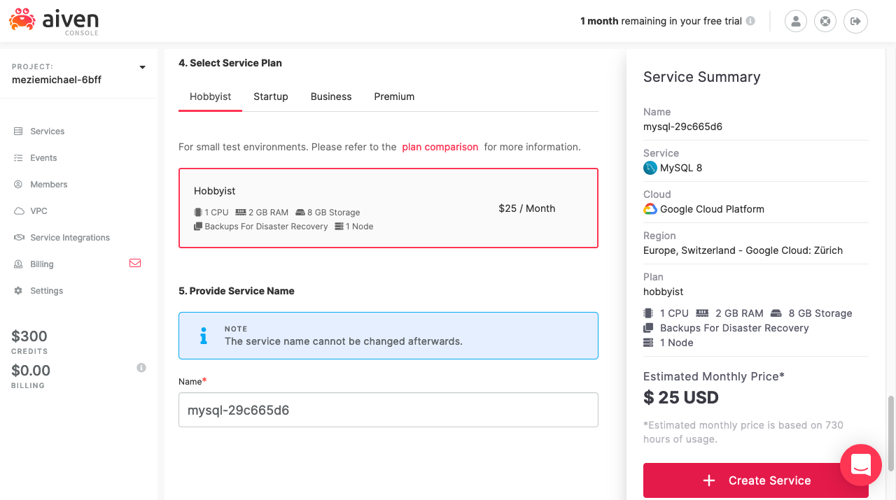 Select Aiven cloud service plan