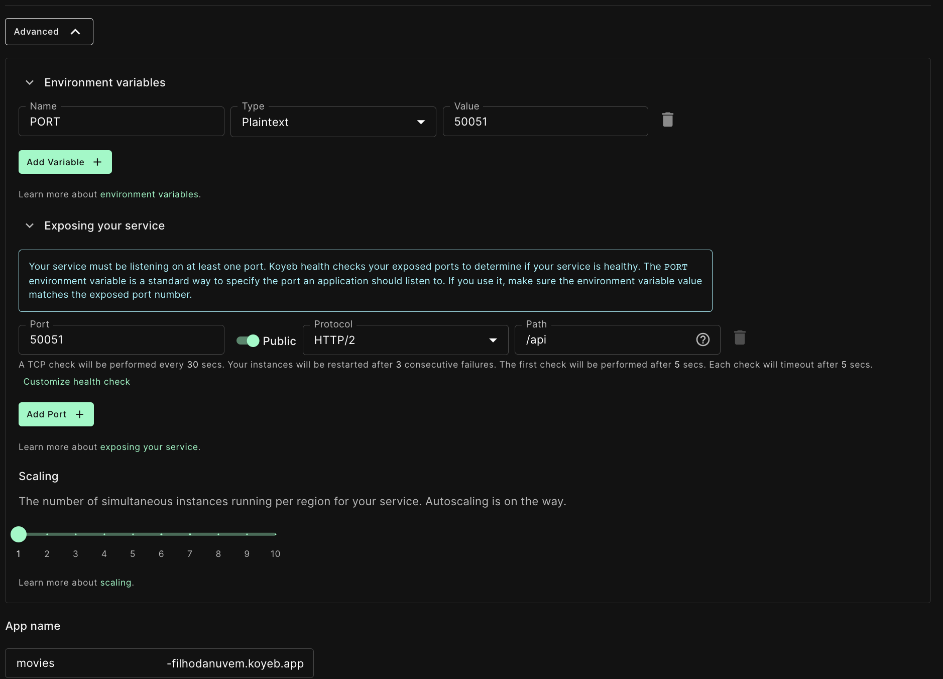 Koyeb API port and health check configuration