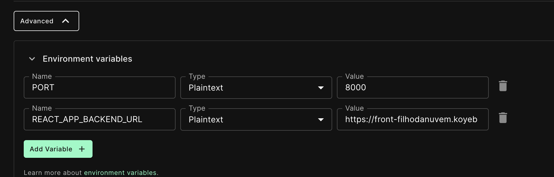 Koyeb frontend environment variable configuration