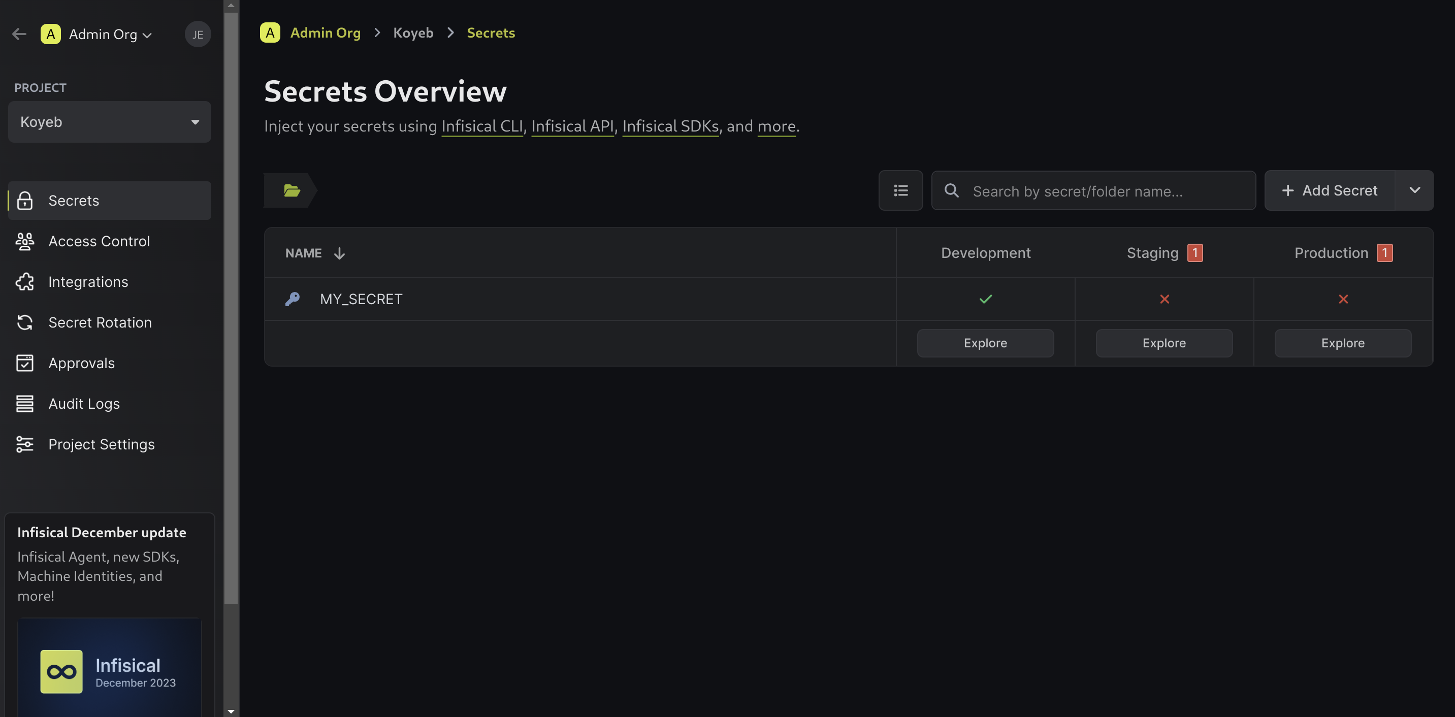 Infisical new secret status