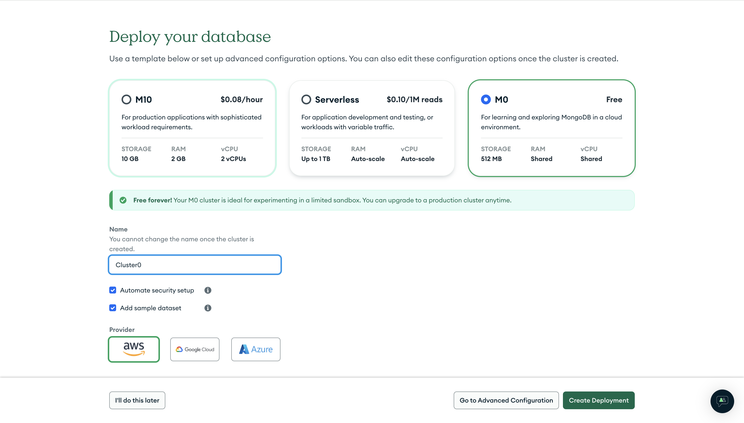 Configure MongoDB database