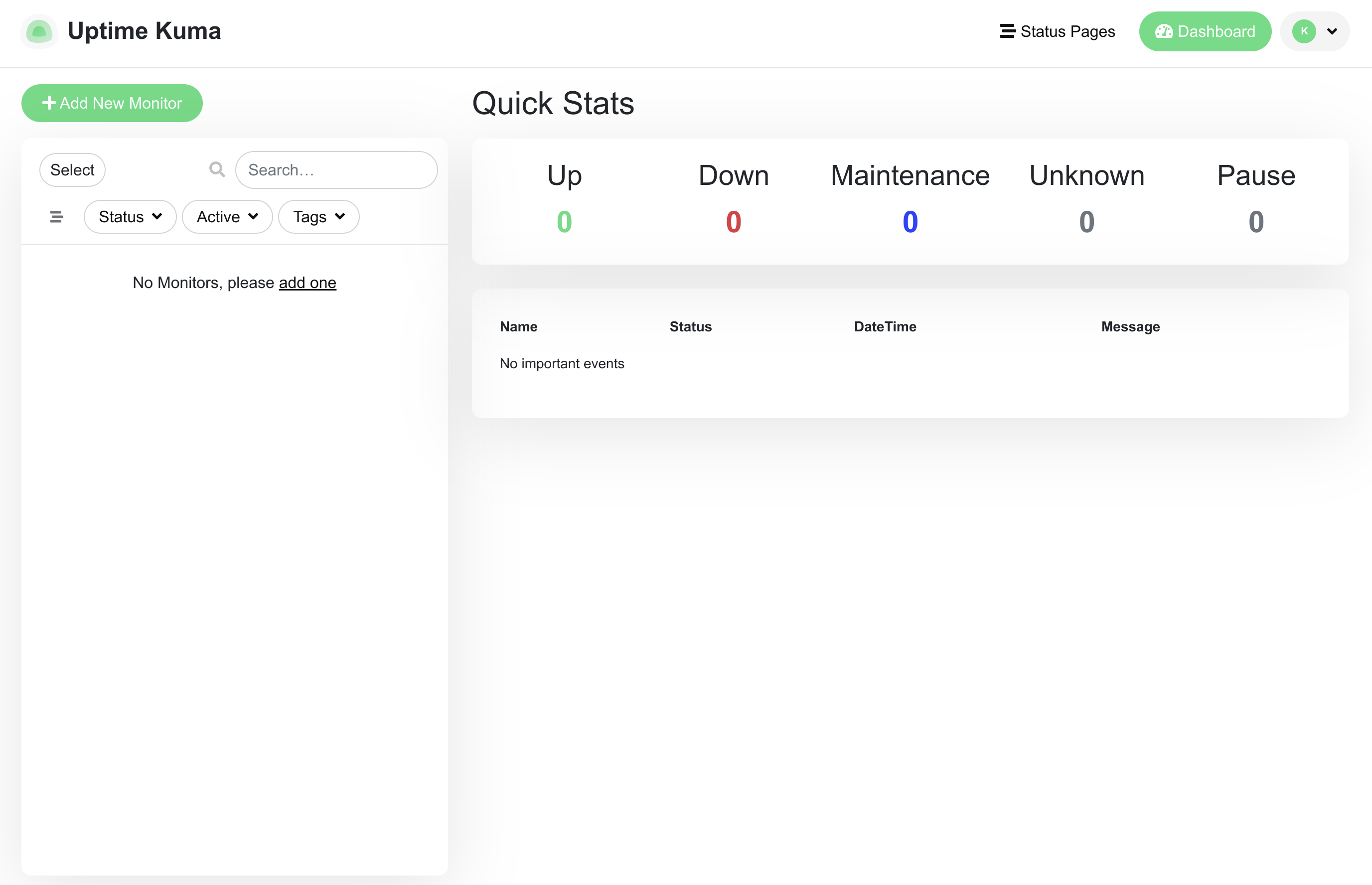 Uptime Kuma initial dashboard