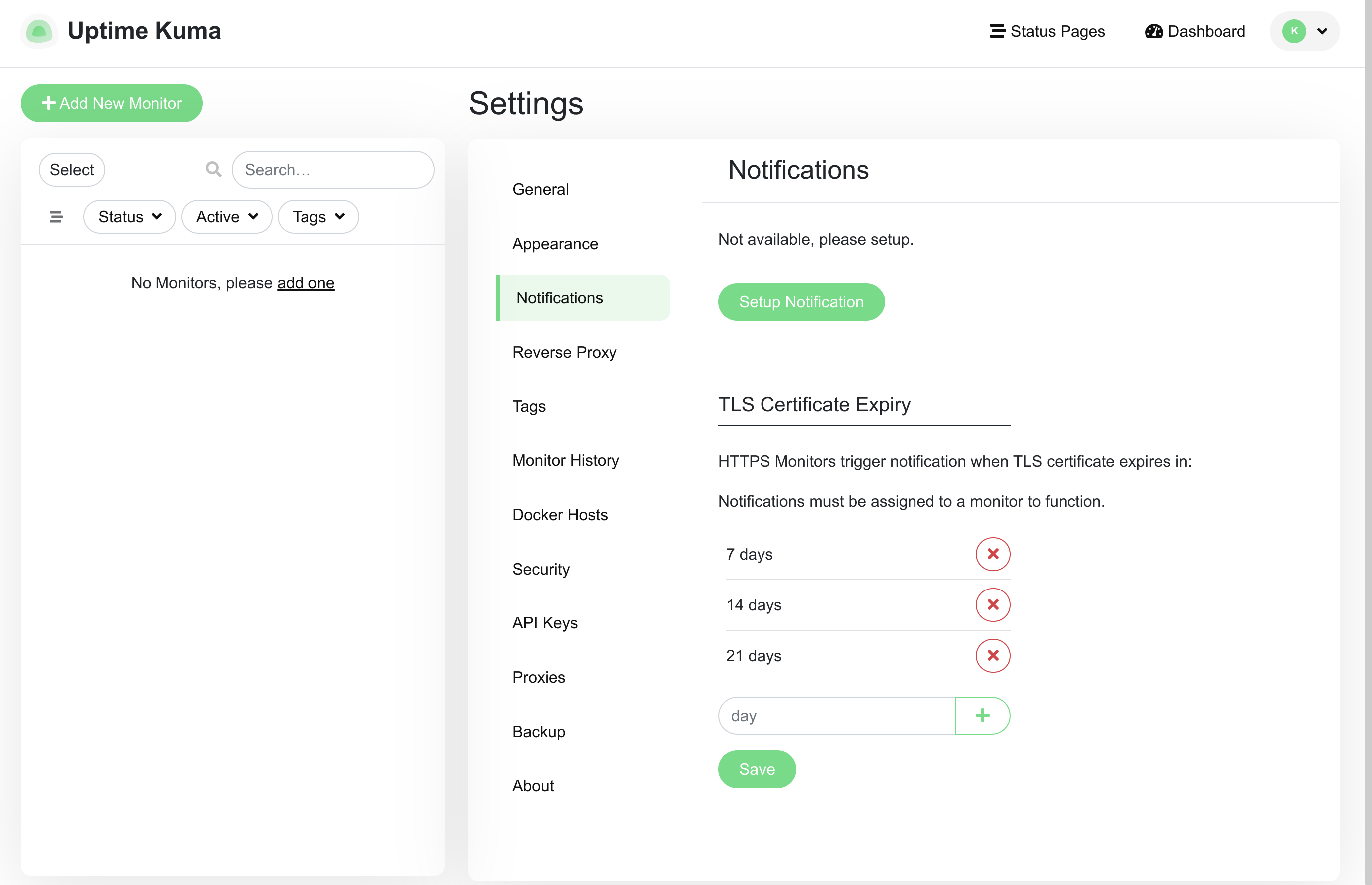 Uptime Kuma notifications page