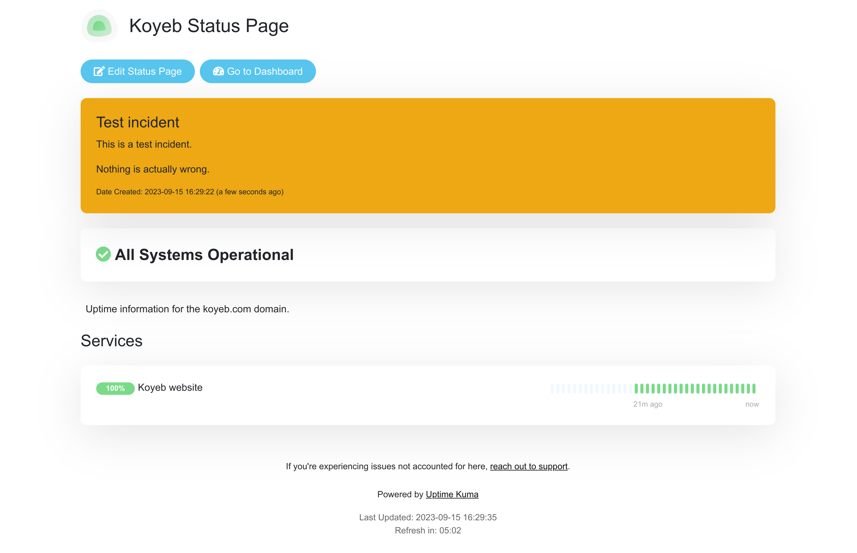 Uptime Kuma status with incident