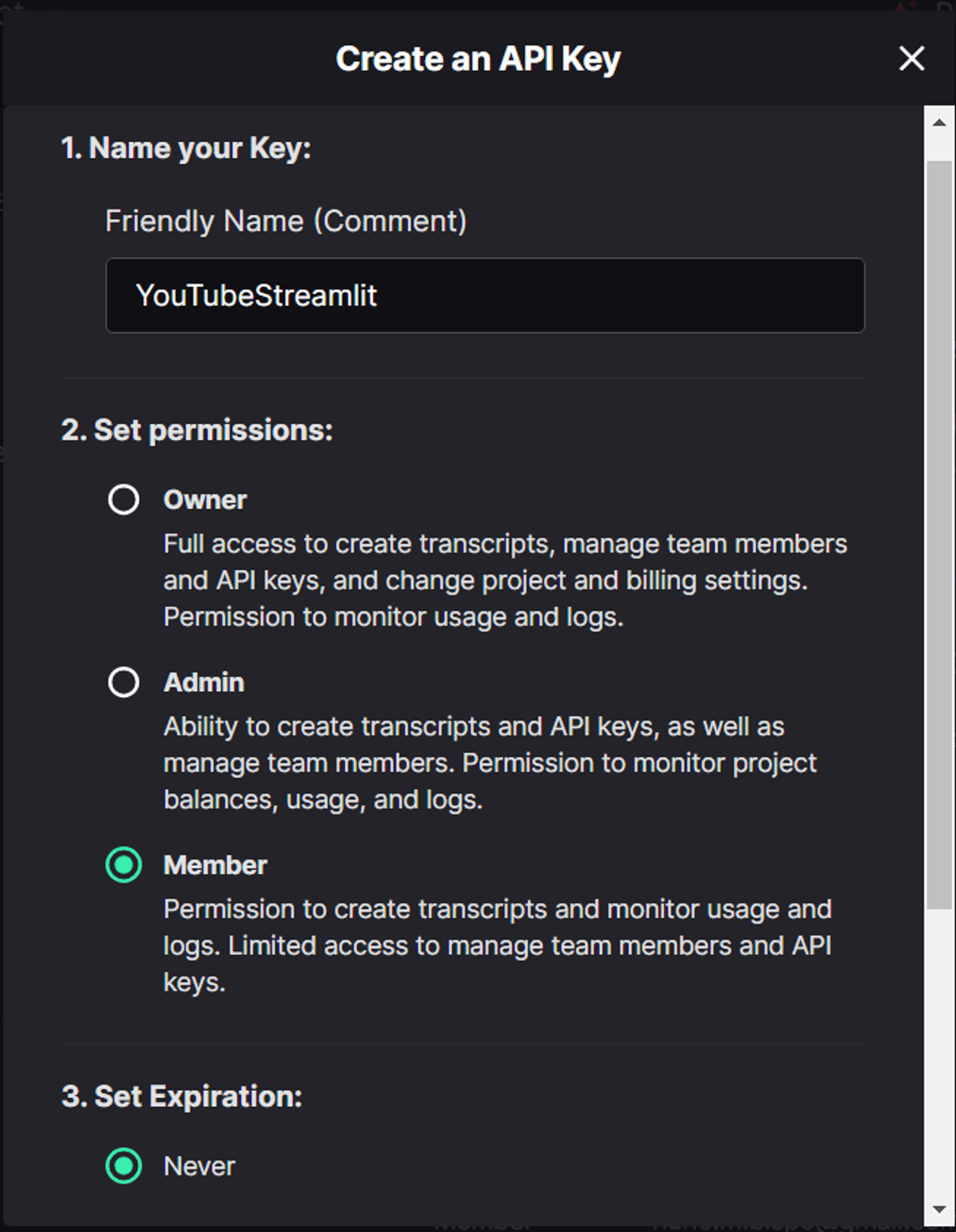 Deepgram API key settings